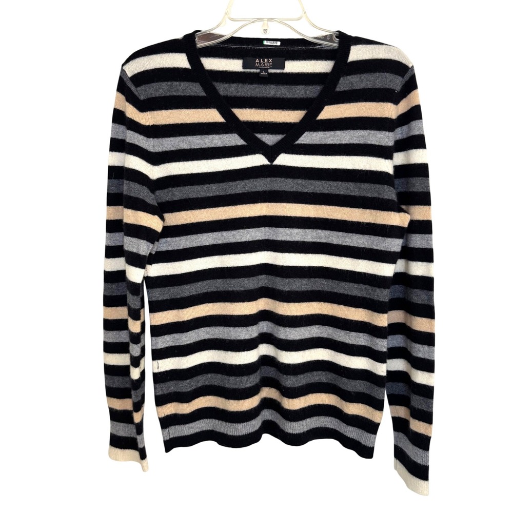 Alex Marie Cashmere Sweater Womens Large V-Neck Striped Pullover Size Large